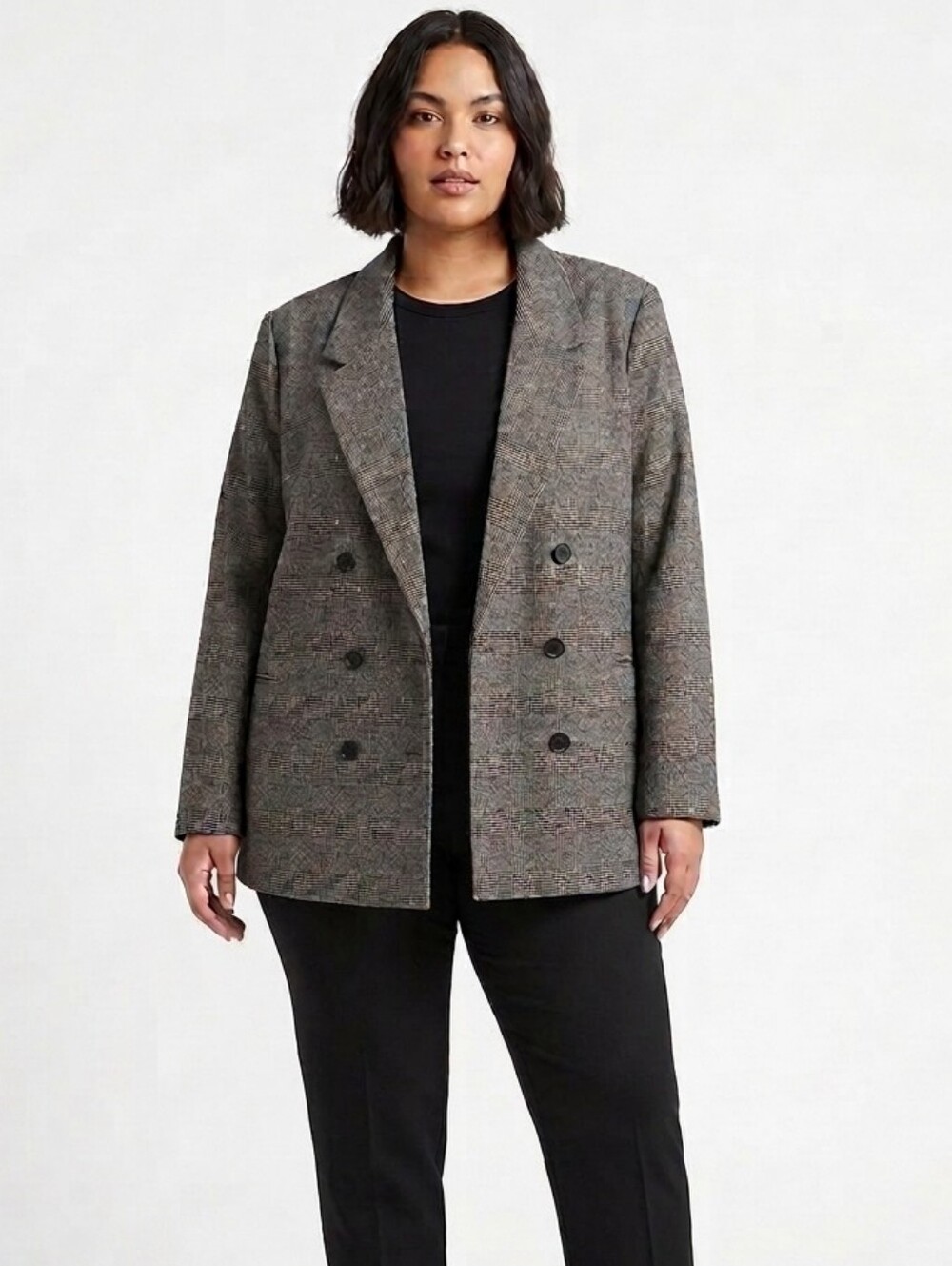 Garage Double-Breasted Grey Glen Plaid Blazer XL